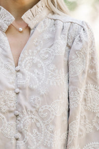 In Your Feelings Taupe Embroidered Paisley Blouse