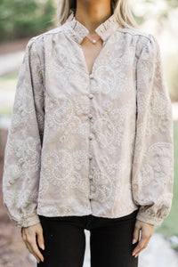 In Your Feelings Taupe Embroidered Paisley Blouse