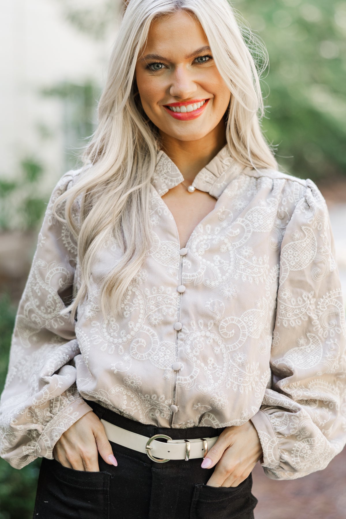 In Your Feelings Taupe Embroidered Paisley Blouse – Shop the  💯% WOOL BLEND BEAUTIFULLY PAISLEY EMBROIDERED perfect for gift lux chic look main image 0