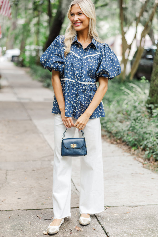 Know Your Worth Navy Blue Ditsy Floral Blouse