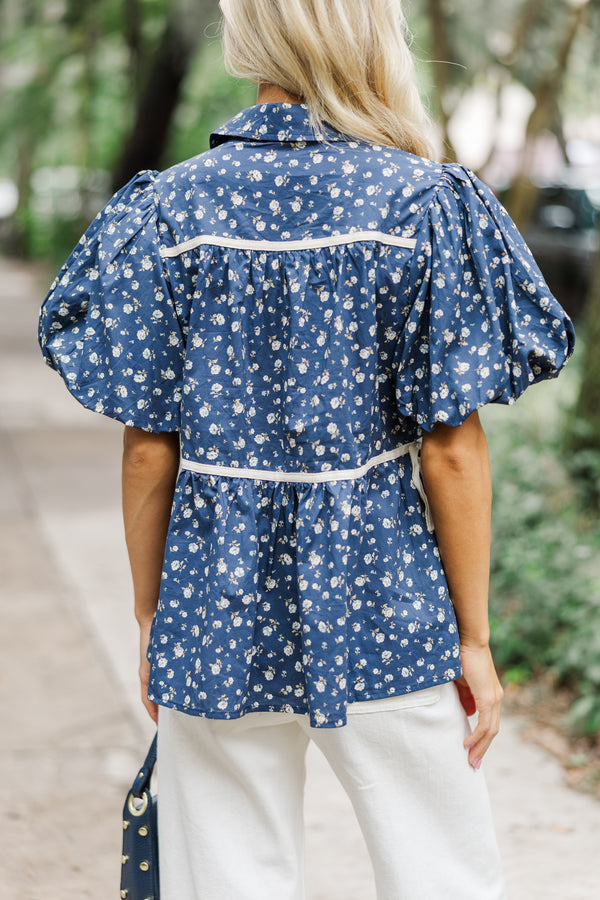 Know Your Worth Navy Blue Ditsy Floral Blouse