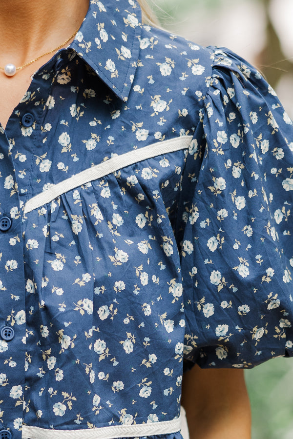 Know Your Worth Navy Blue Ditsy Floral Blouse