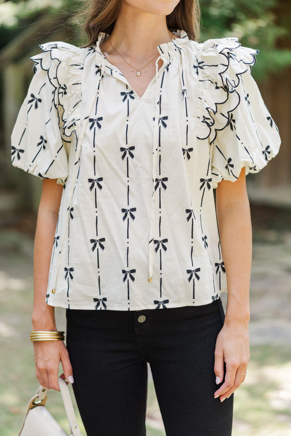 Forever In Love Natural Bow Printed Blouse