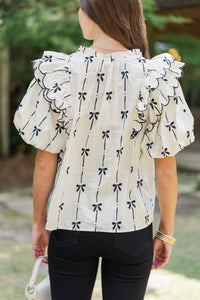 Forever In Love Natural Bow Printed Blouse