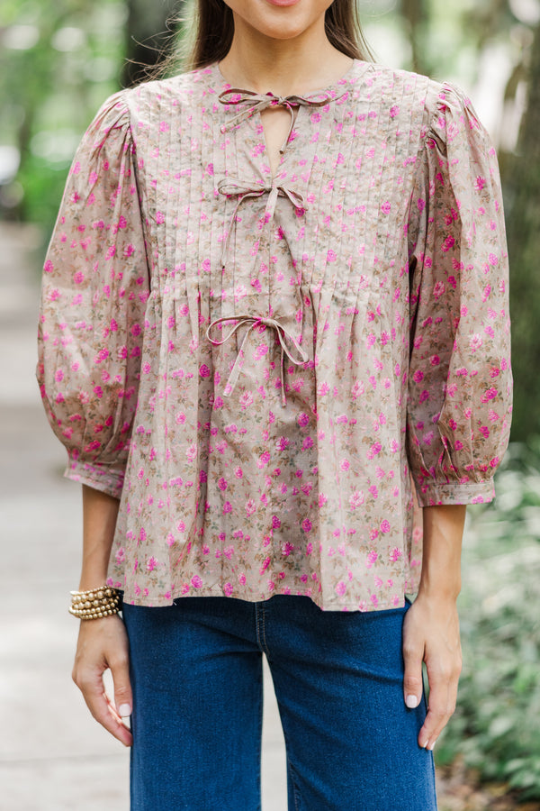 Out In The World Camel Brown Ditsy Floral Blouse