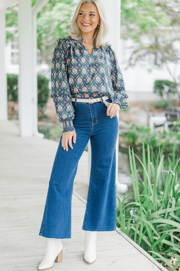 All Worth It Navy Blue Medallion Blouse