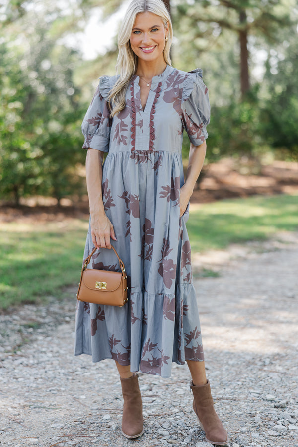 slate blue floral dress Blue Hand Embellished Floral V-Neck Long Sleeve Dress