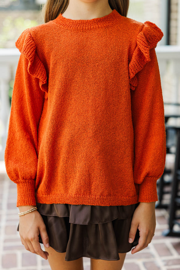 Girls: Give Me A Call Rust Ruffled Sweater