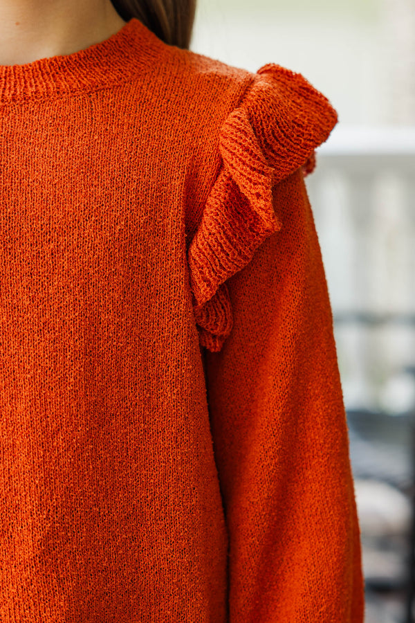 Girls: Give Me A Call Rust Ruffled Sweater