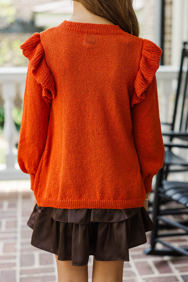 Girls: Give Me A Call Rust Ruffled Sweater