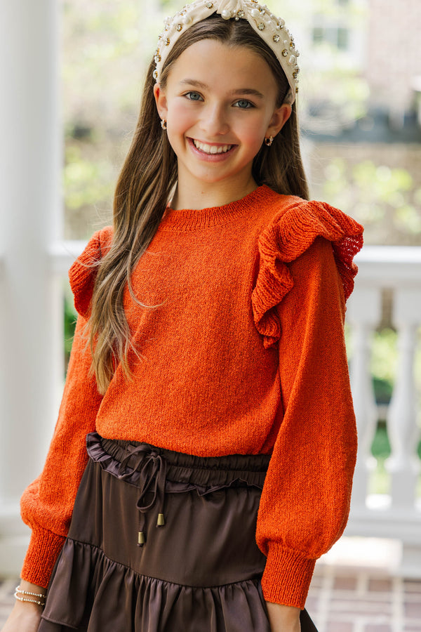 Girls: Give Me A Call Rust Ruffled Sweater