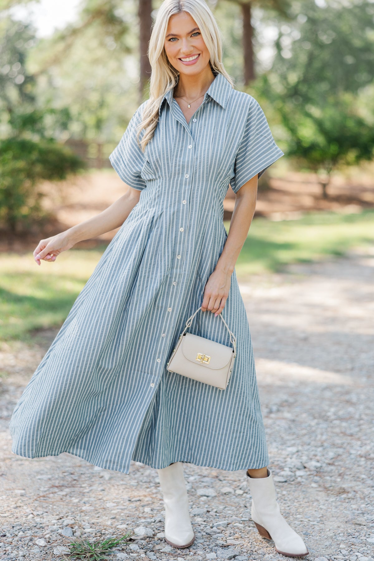 Vani Olive Stripe Cotton Button Dress