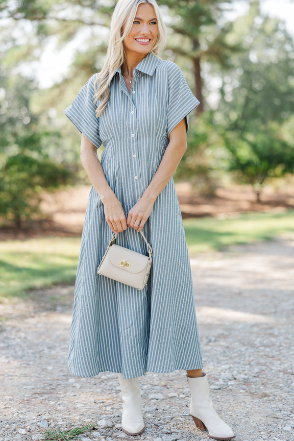 grey striped midi dress GRAY & Black STRIPED MIDI DRESS M