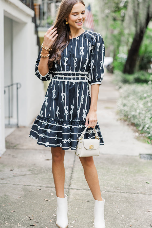 On The Right Track Black Bow Print Dress