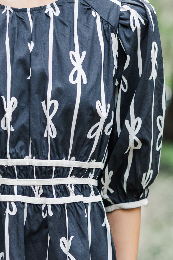 On The Right Track Black Bow Print Dress