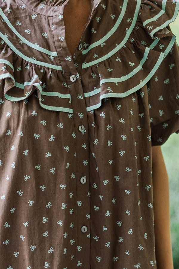 I See You There Brown Bow Printed Dress