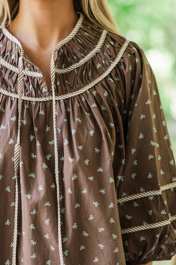 Can't Lose You Brown Bow Print Blouse