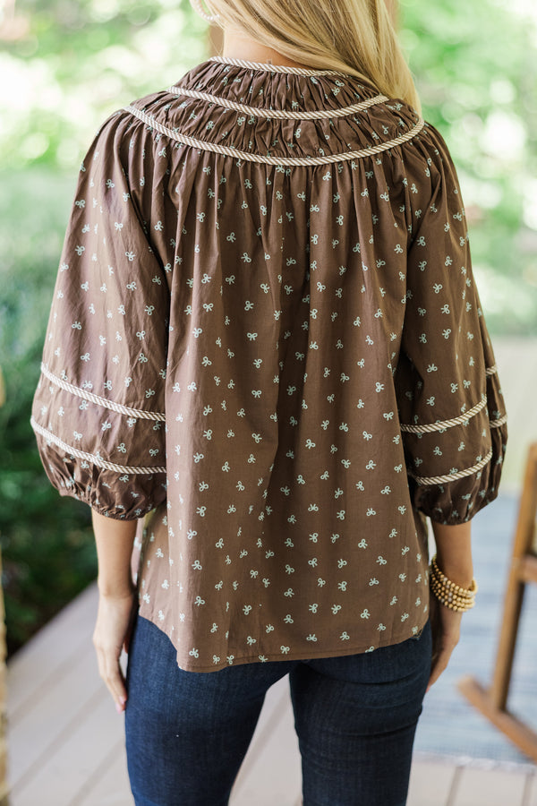 Can't Lose You Brown Bow Print Blouse