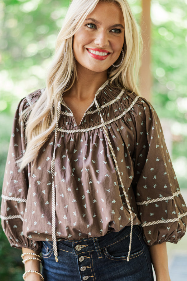 Can't Lose You Brown Bow Print Blouse