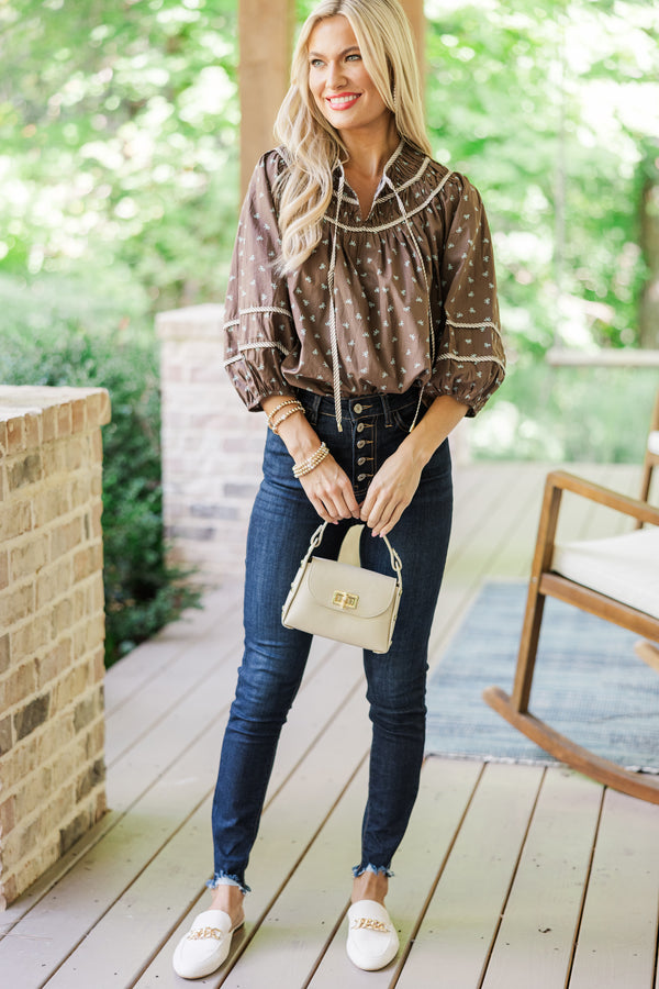 Can't Lose You Brown Bow Print Blouse