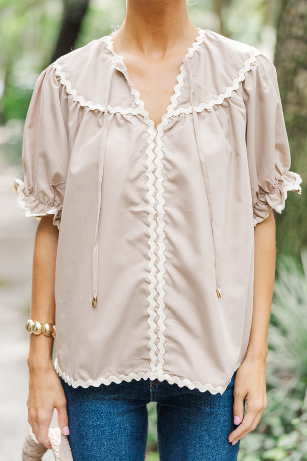 In A Dream Taupe Brown Rickrack Blouse