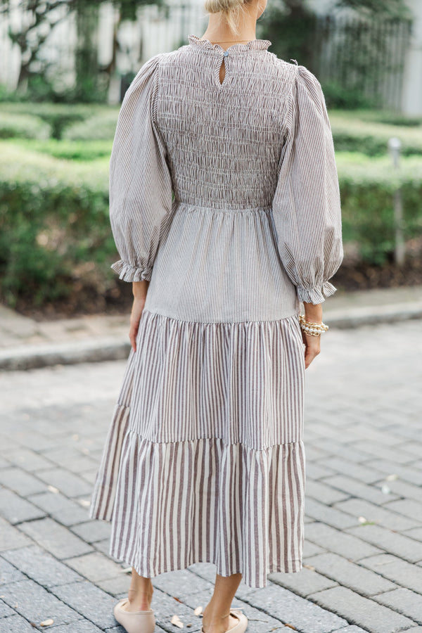 Back To You Brown Striped Midi Dress