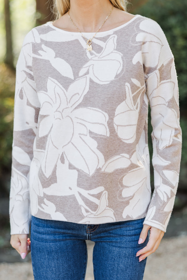 All Together Now Taupe Floral Sweater