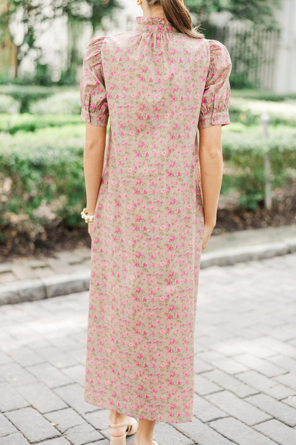 Living In A Fairy Tale Camel Brown Ditsy Floral Midi Dress