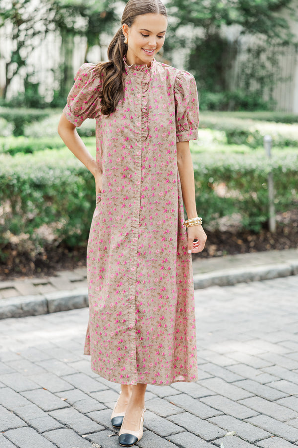 Living In A Fairy Tale Camel Brown Ditsy Floral Midi Dress Shop the Mint Living In A Fairy Tale Camel Brown Ditsy Floral Midi Dress Shop the Mint