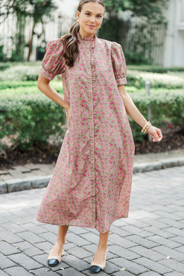 Living In A Fairy Tale Camel Brown Ditsy Floral Midi Dress