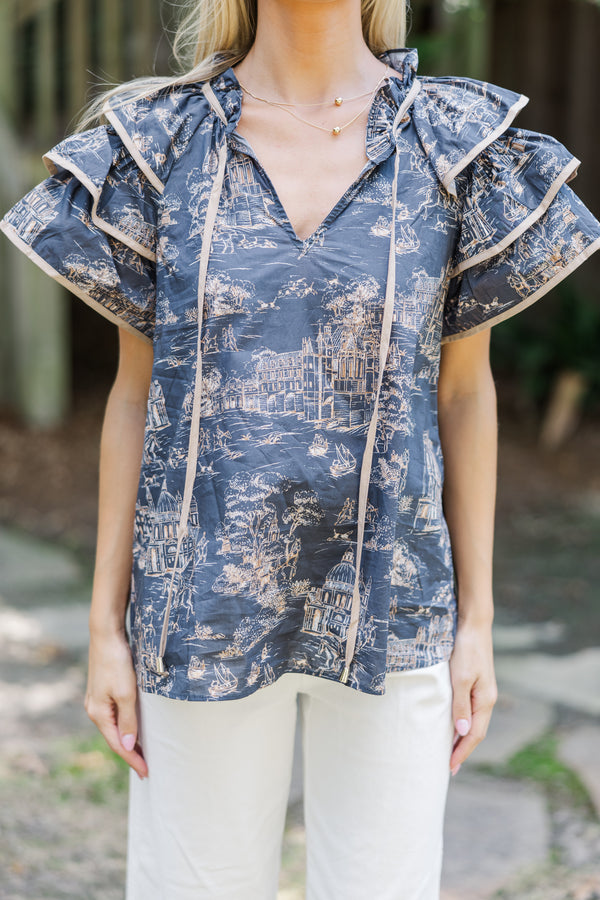 On Your Way Charcoal Gray Toile Blouse