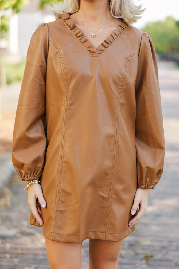 Look At You Camel Brown Faux Leather Dress