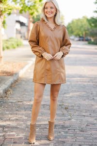 Look At You Camel Brown Faux Leather Dress