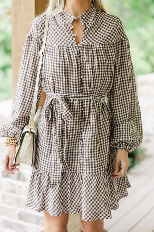 Brown & White Knit Plaid Tiered Dress
