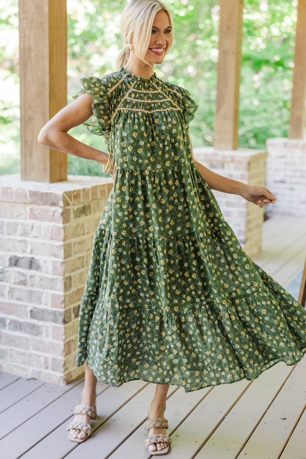 Green ditsy floral midi dress hotsell