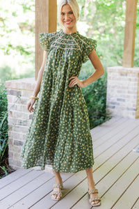 Better Than Ever Olive Green Ditsy Floral Midi Dress