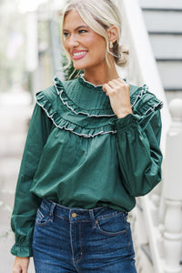 All For Fun Hunter Green Ruffled Blouse