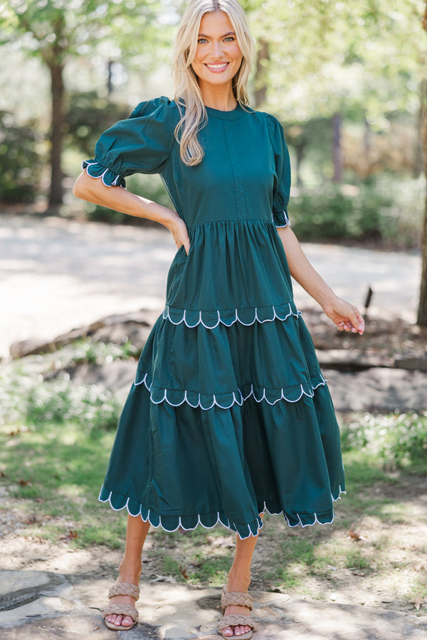 Making It Happen Hunter Green Scalloped Midi Dress