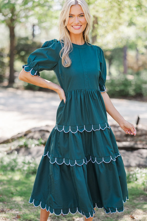 midi hunter green dress TIERED MIDI DRESS W/SMOCKED CUFFS