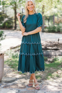 Making It Happen Hunter Green Scalloped Midi Dress