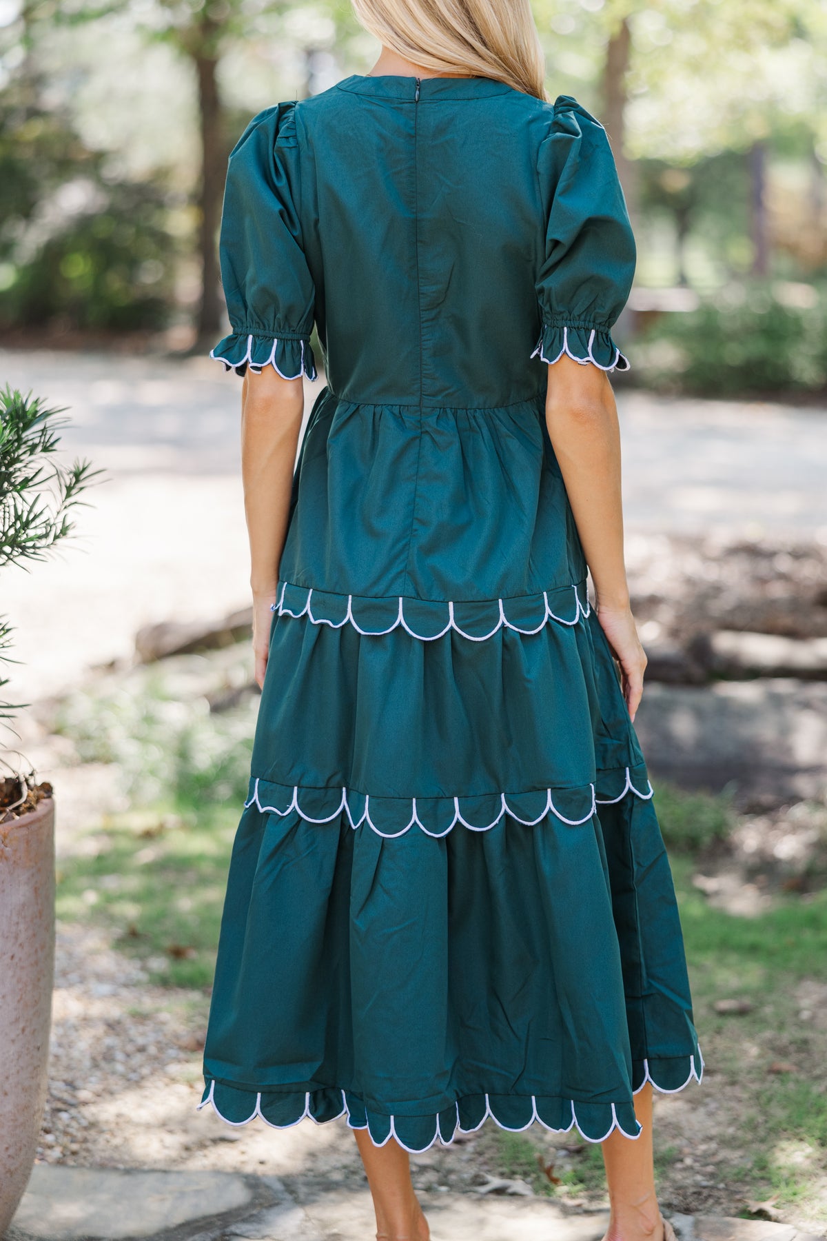 Making It Happen Hunter Green Scalloped Midi Dress – Shop the Mint