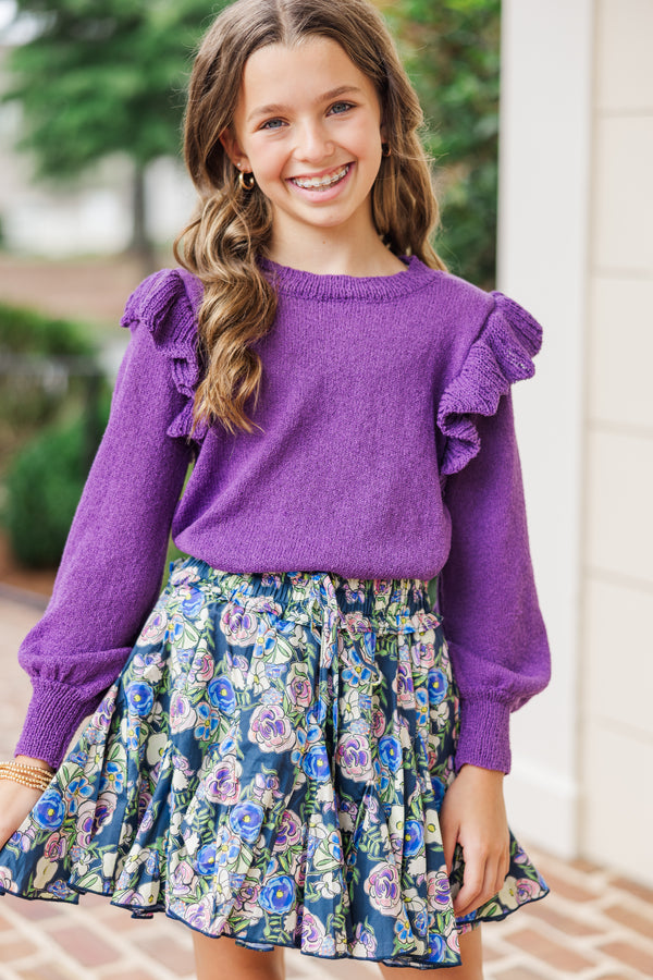 Girls: Give Me A Call Plum Purple Ruffled Sweater