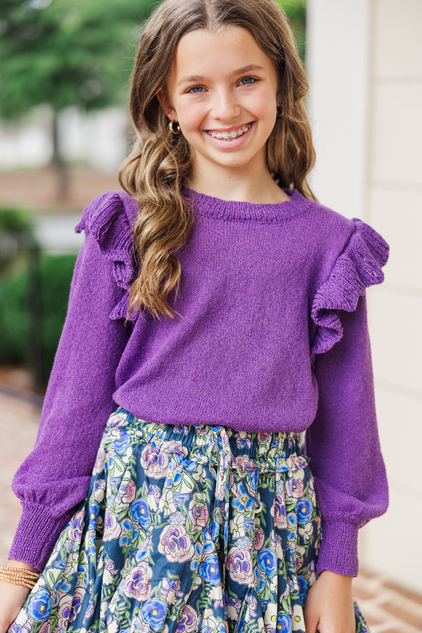 Girls: Give Me A Call Plum Purple Ruffled Sweater