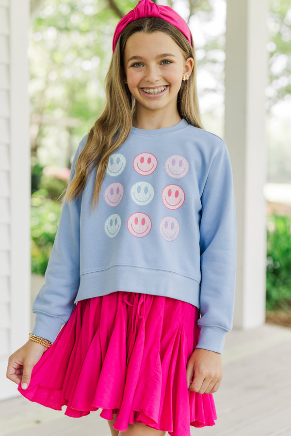 Girls: Be Happy Blue Graphic Sweatshirt