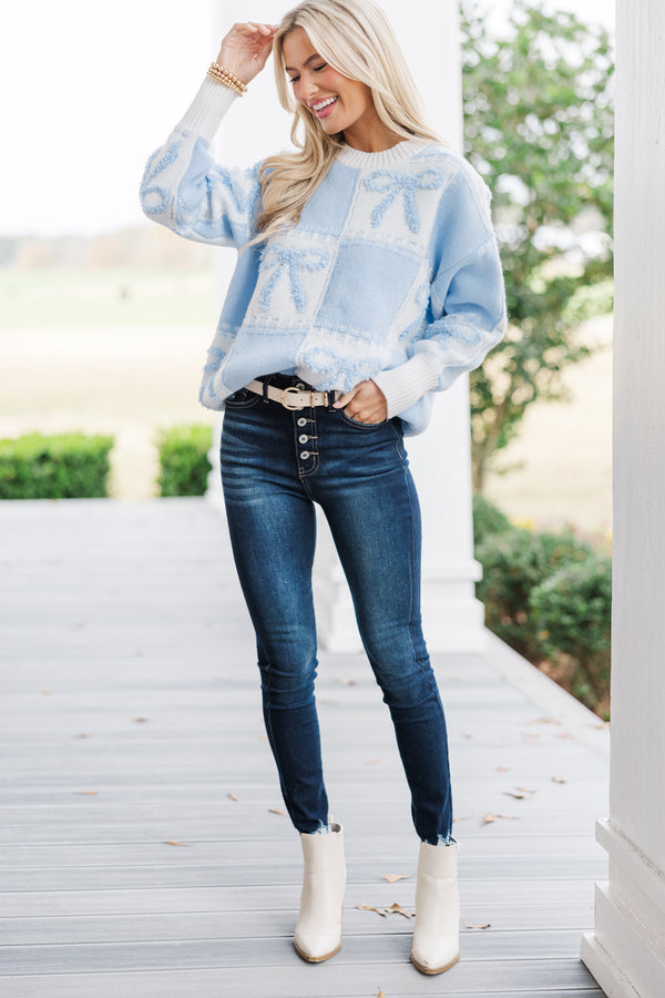 Just Too Good Light Blue Checkered Sweater