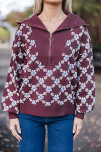 Stay Together Brown Floral Half Zip Sweater