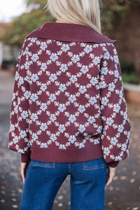 Stay Together Brown Floral Half Zip Sweater