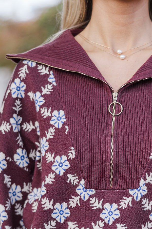 Stay Together Brown Floral Half Zip Sweater