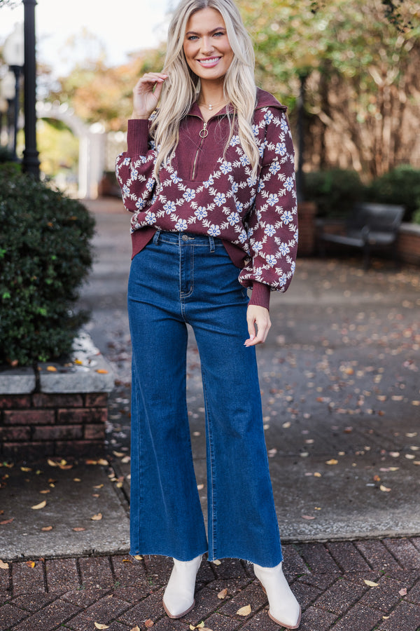 Stay Together Brown Floral Half Zip Sweater