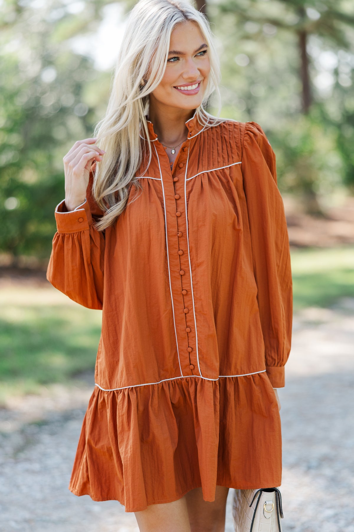 Behind The Scenes Rust Orange Contrast Dress – Shop the Mint